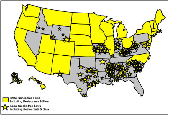 米国の受動喫煙防止法(レストラン・バーの禁煙を含む)施行州(黄色で表示)・都市(黄色☆)．2013年5月現在
